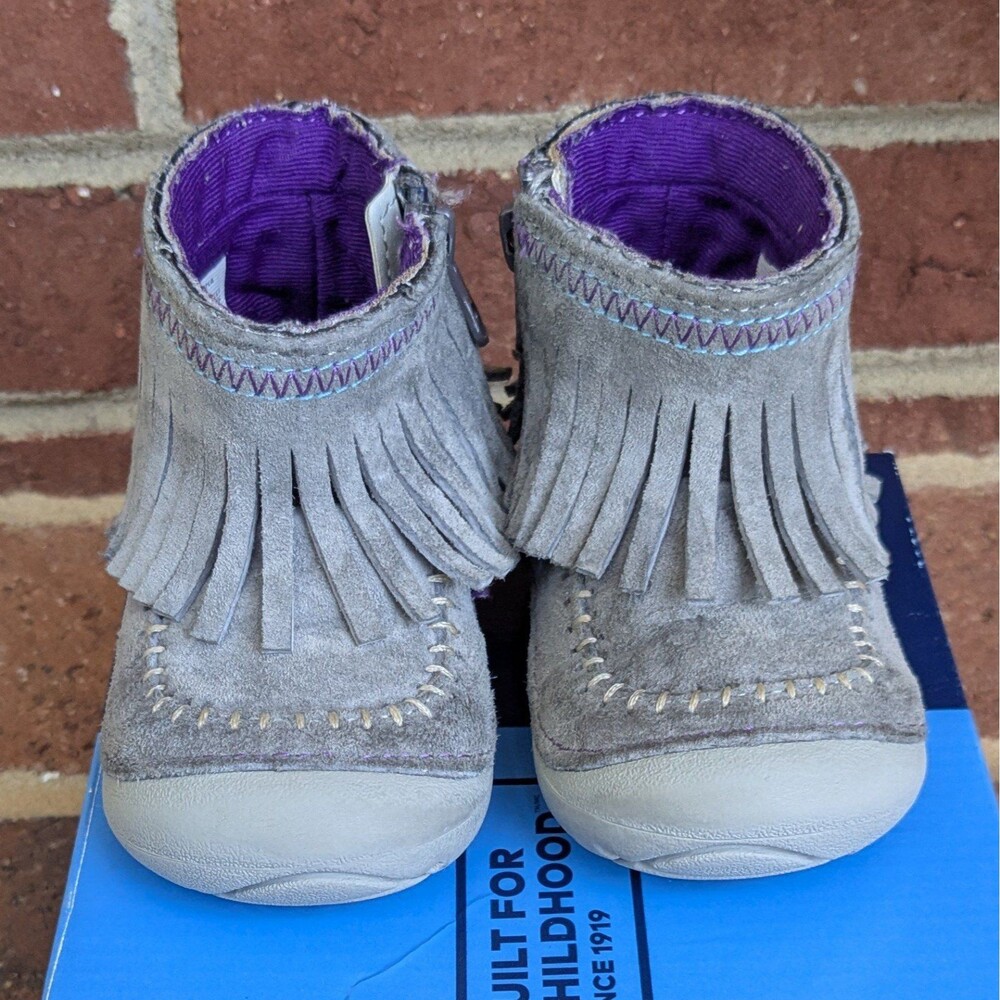 Stride Rite Baby Girl Leather Tasha Grey Gray Fringe Boots Shoes -  US 3.5M